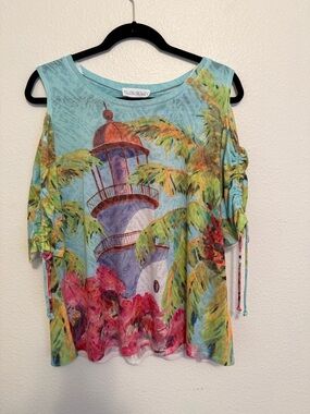 Turquoise Tropical Print Cold-Shoulder Top Size Petite Large